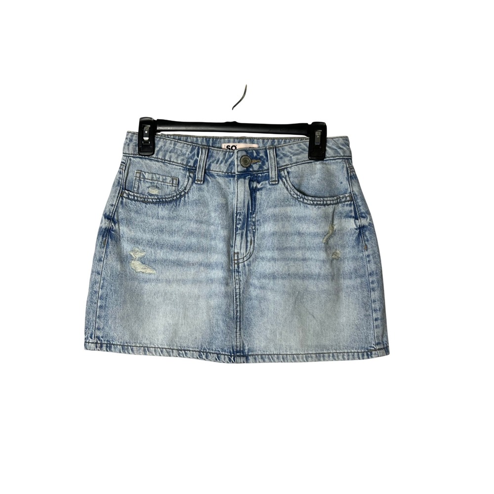 SO Distressed Y2K Women Mini Skirt Light Blue Wash 100% Cotton Denim
